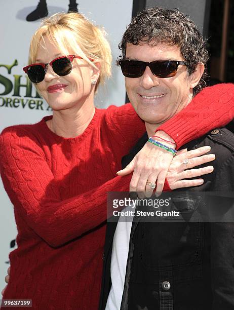 Melanie Griffith and Antonio Banderas attends the "Shrek Forever After" Los Angeles Premiere at Gibson Amphitheatre on May 16, 2010 in Universal...