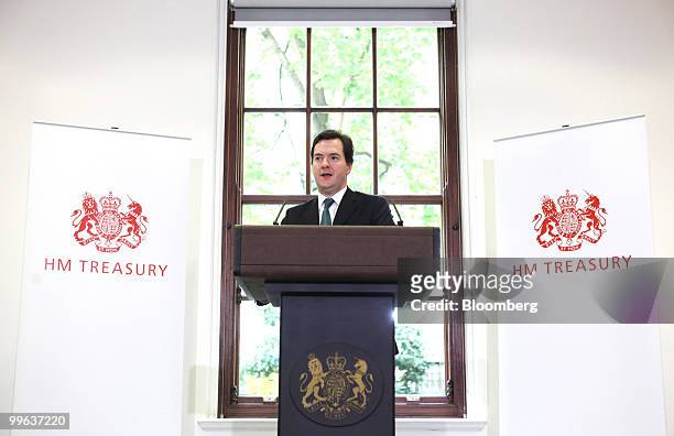 George Osborne, U.K. Chancellor of the exchequer, speaks at a press conference at H.M.Treasury in London, U.K., on Monday, May 17, 2010. Osborne set...