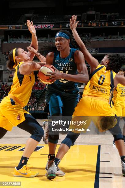 Sylvia Fowles of the Minnesota Lynx drives to the basket against the Indiana Fever on July 11, 2018 at Bankers Life Fieldhouse in Indianapolis,...