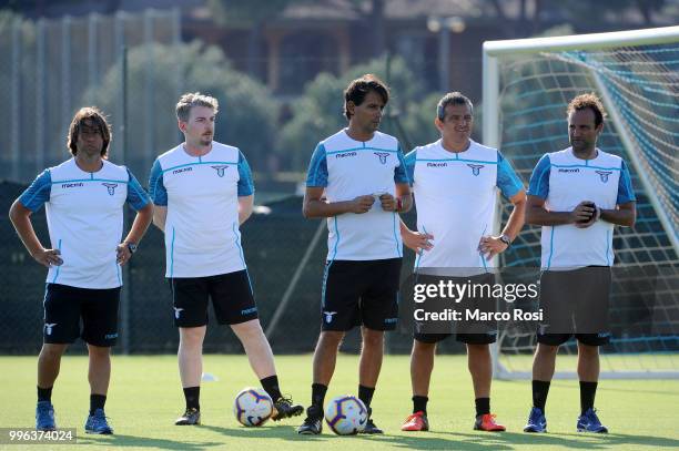 Lazio head coach Simone Inzaghi with is staff in action during the SS Lazio training session on July 11, 2018 in Rome, Italy.