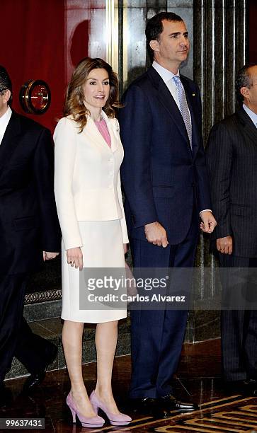 Prince Felipe of Spain and Princess Letizia of Spain attend "I Foro Espana Mexico" at the Cervantes Institute on May 17, 2010 in Madrid, Spain.