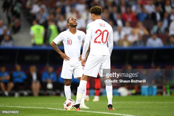 Raheem Sterling of England and Dele Alli of England prepare for kick off during the 2018 FIFA World Cup Russia Semi Final match between England and...