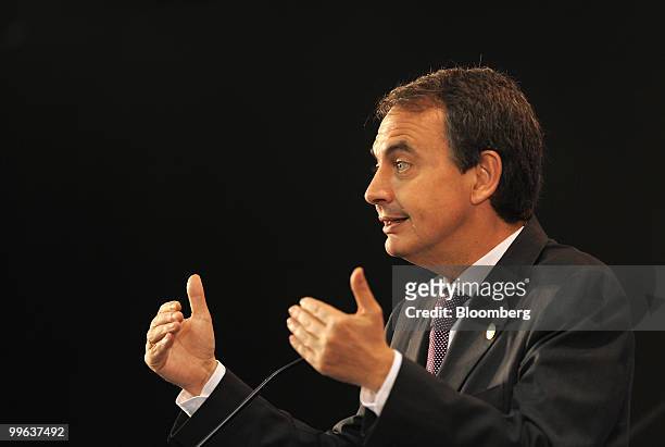 Jose Luis Rodriguez Zapatero, Spain's prime minister, gestures while speaking during a news conference during the European Union-Latin American...