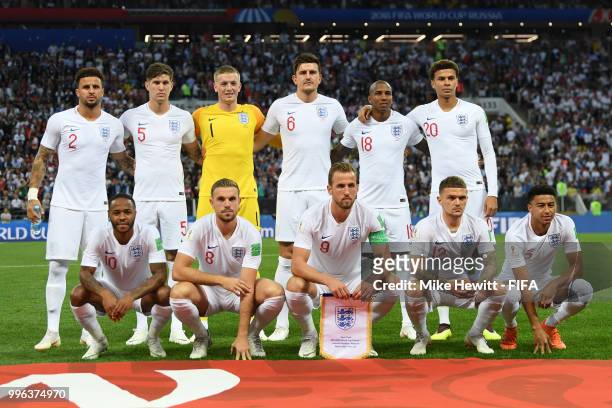 The England players pose for a team photo prior to the 2018 FIFA World Cup Russia Semi Final match between England and Croatia at Luzhniki Stadium on...