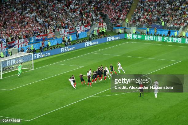 Kieran Trippier of England scores his team's first goal during the 2018 FIFA World Cup Russia Semi Final match between England and Croatia at...