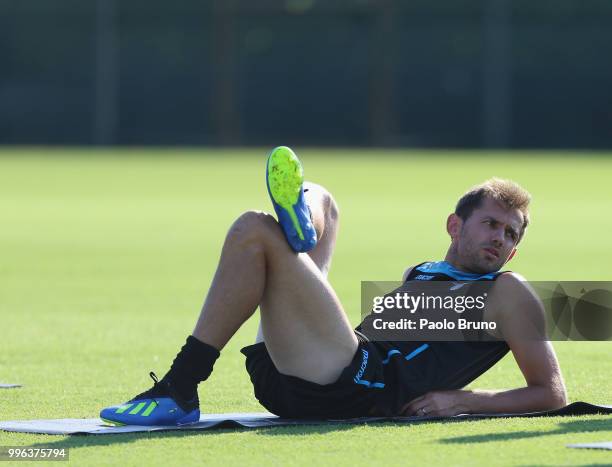 Senad Lulic of SS Lazio in action during the SS Lazio training session on July 11, 2018 in Rome, Italy.