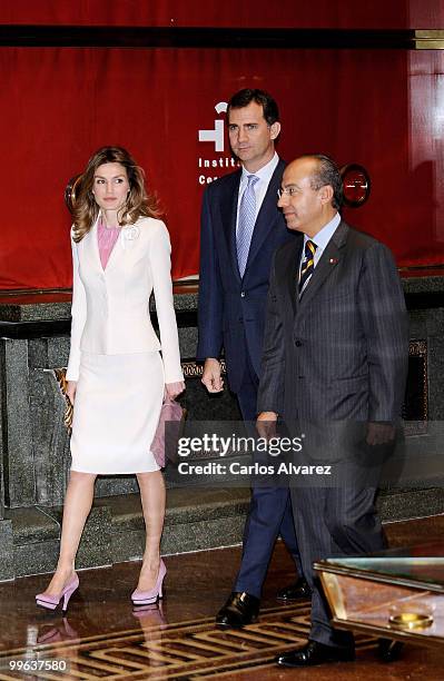 Princess Letizia of Spain, Prince Felipe of Spain and President of Mexico Felipe Calderon attend "I Foro Espana Mexico" at the Cervantes Institute on...