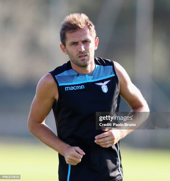 Senad Lulic of SS Lazio in action during the SS Lazio training session on July 11, 2018 in Rome, Italy.
