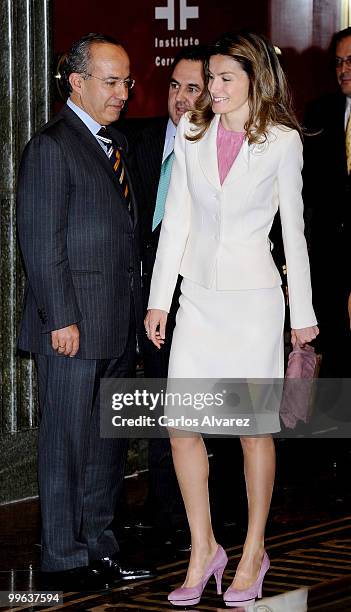 Princess Letizia of Spain and President of Mexico Felipe Calderon attend "I Foro Espana Mexico" at the Cervantes Institute on May 17, 2010 in Madrid,...