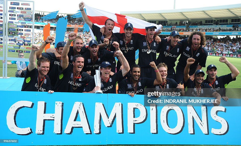 England cricketers pose with the trophy