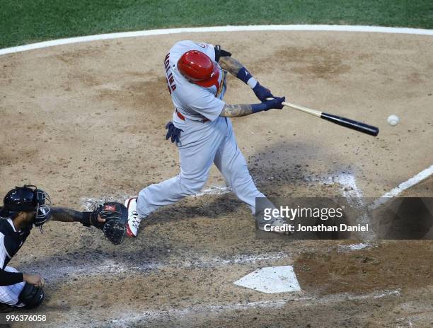 Yadier Molina of the St. Louis Cardinals bats against the Chicago White Sox at Guaranteed Rate Field on July 10, 2018 in Chicago, Illinois. The...