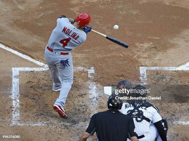 Yadier Molina of the St. Louis Cardinals bats against the Chicago White Sox at Guaranteed Rate Field on July 10, 2018 in Chicago, Illinois. The...