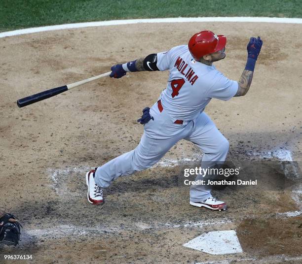 Yadier Molina of the St. Louis Cardinals bats against the Chicago White Sox at Guaranteed Rate Field on July 10, 2018 in Chicago, Illinois. The...