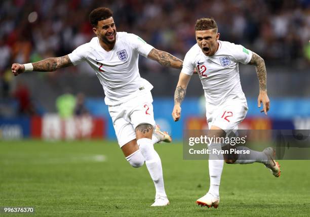 Kieran Trippier of England celebrates with team mate Kyle Walker after scoring his team's first goal during the 2018 FIFA World Cup Russia Semi Final...