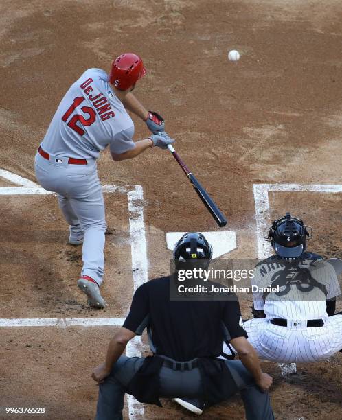 Paul DeJong of the St. Louis Cardinals bats against the Chicago White Sox at Guaranteed Rate Field on July 10, 2018 in Chicago, Illinois. The...