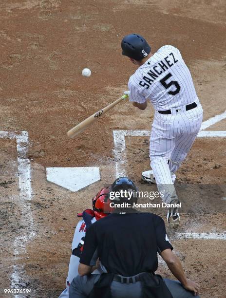 Yolmer Sanchez of the Chicago White Sox bats against the St. Louis Cardinals at Guaranteed Rate Field on July 10, 2018 in Chicago, Illinois. The...