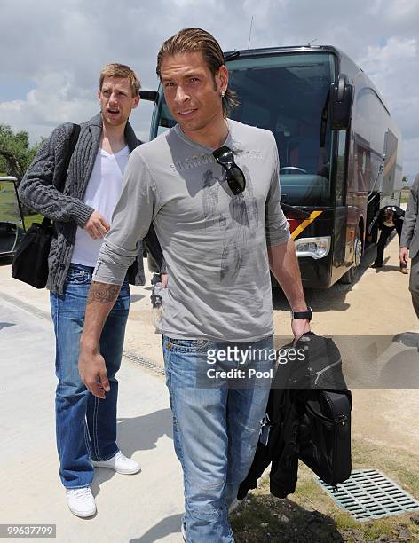 Tim Wiese and Per Mertesacker of the German National Team arrive at the hotel Rocco Forte Verdura Golf & Spa Resort on May 17, 2010 in Sciacca, Italy.