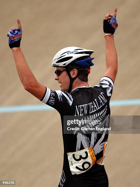 Greg Henderson of New Zealand celebrates winning the men's 20 km points race which was held at the Chandler Velodrome during the Goodwill Games in...