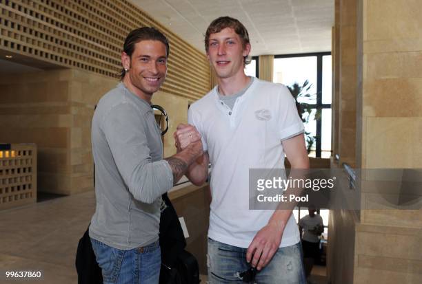Stefan Kiessling welcomes Tim Wiese at hotel Rocco Forte Verdura Golf & Spa Resort during his arrival on May 17, 2010 in Sciacca, Italy.