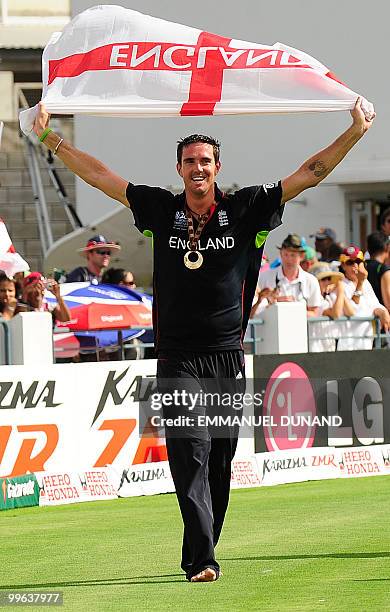 English player Kevin Pietersen and Player of the Tournament celebrates at the end of the Men's ICC World Twenty20 final match between Australia and...