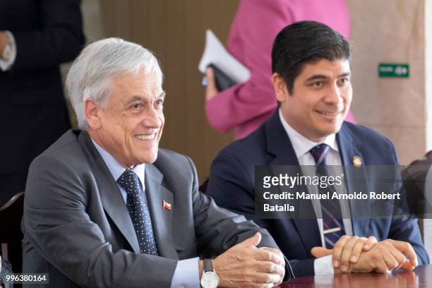 President of Costa Rica Carlos Alvarado and Presidentof Chile Sebastian Pinera smile during an Official Visit to Costa Rica at the Presidential House...