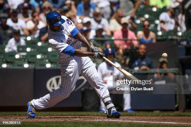 Lorenzo Cain of the Milwaukee Brewers flies out in the first inning against the Atlanta Braves at Miller Park on July 8, 2018 in Milwaukee, Wisconsin.