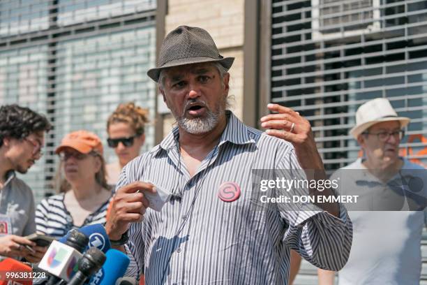 Ravi Ragbir, of the New Sanctuary Coalition, speaks at a press conference to spotlight the impact of the governments stalling tactics on immigrant...