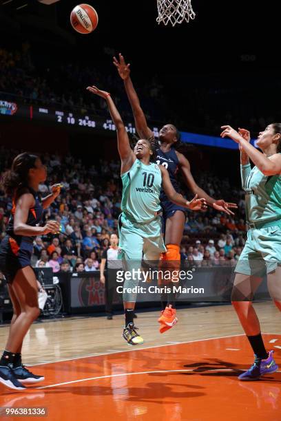 Epiphanny Prince of the New York Liberty goes to the basket against the Connecticut Sun on July 11, 2018 at the Mohegan Sun Arena in Uncasville,...