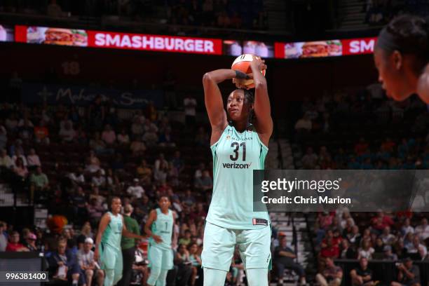 Tina Charles of the New York Liberty shoots a free throw against the Connecticut Sun on July 11, 2018 at the Mohegan Sun Arena in Uncasville,...
