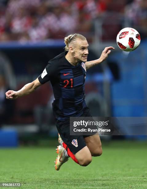 Lovre Kalinic of Croatia heads the ball during the 2018 FIFA World Cup Russia Semi Final match between England and Croatia at Luzhniki Stadium on...
