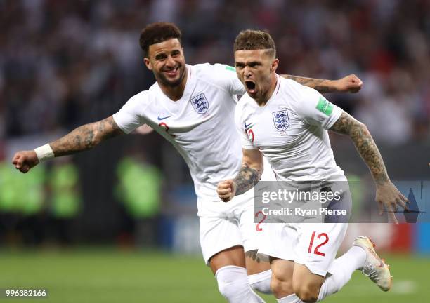 Kieran Trippier of England celebrates with team mate Kyle Walker after scoring his team's first goal during the 2018 FIFA World Cup Russia Semi Final...