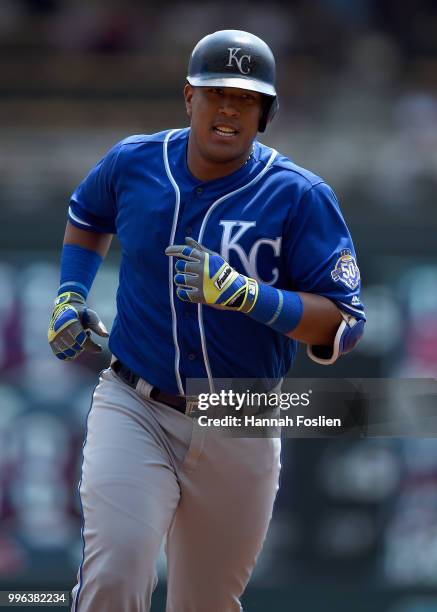 Salvador Perez of the Kansas City Royals rounds the bases after hitting a three-run home run against the Minnesota Twins during the first inning of...