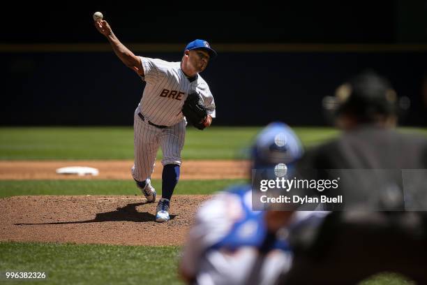 Junior Guerra of the Milwaukee Brewers pitches in the second inning against the Atlanta Braves at Miller Park on July 8, 2018 in Milwaukee, Wisconsin.