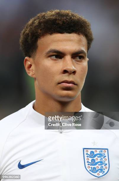Dele Alli of England looks on during the national anthem during the 2018 FIFA World Cup Russia Semi Final match between England and Croatia at...