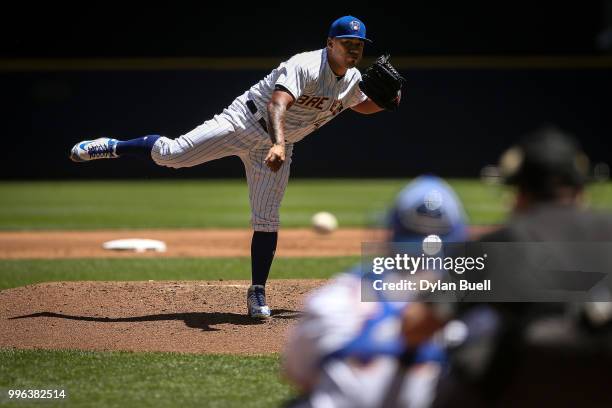 Junior Guerra of the Milwaukee Brewers pitches in the second inning against the Atlanta Braves at Miller Park on July 8, 2018 in Milwaukee, Wisconsin.