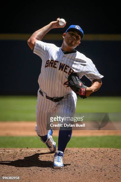Junior Guerra of the Milwaukee Brewers pitches in the second inning against the Atlanta Braves at Miller Park on July 8, 2018 in Milwaukee, Wisconsin.