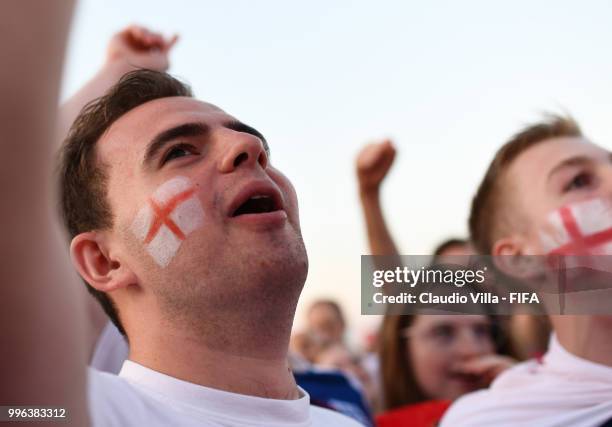 English fans react during the 2018 FIFA World Cup Russia Semi Final match between England and Croatia at Luzhniki Stadium on July 11, 2018 in Moscow,...