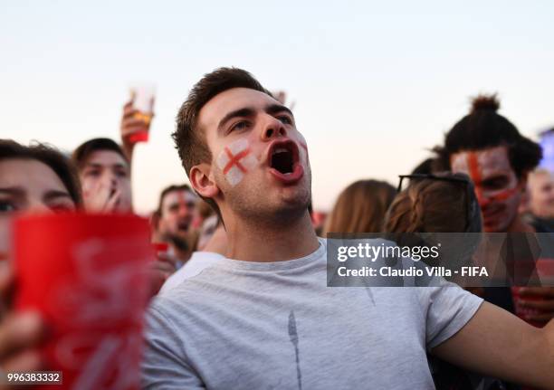 English fans react during the 2018 FIFA World Cup Russia Semi Final match between England and Croatia at Luzhniki Stadium on July 11, 2018 in Moscow,...