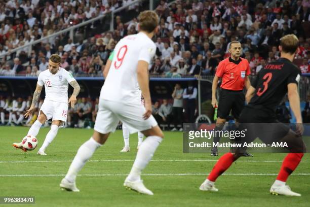 Kieran Trippier of England scores a goal to make it 1-0 during the 2018 FIFA World Cup Russia Semi Final match between England and Croatia at...