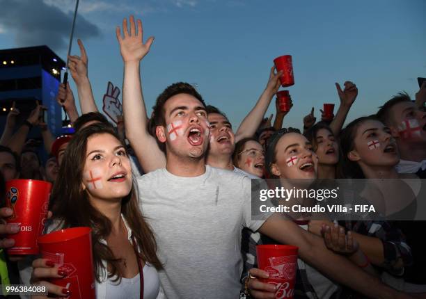 English fans react during the 2018 FIFA World Cup Russia Semi Final match between England and Croatia at Luzhniki Stadium on July 11, 2018 in Moscow,...