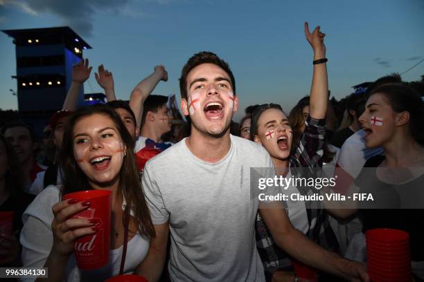 English fans react during the 2018 FIFA World Cup Russia Semi Final match between England and Croatia at Luzhniki Stadium on July 11, 2018 in Moscow,...