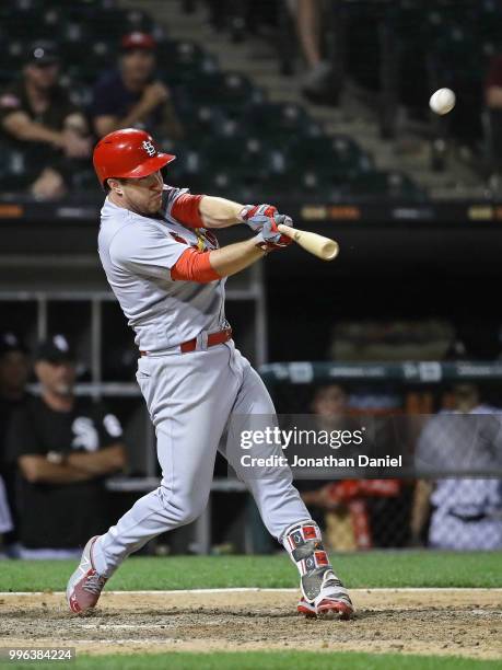 Jedd Gyorko of the St. Louis Cardinals bats against the Chicago White Sox at Guaranteed Rate Field on July 10, 2018 in Chicago, Illinois. The...