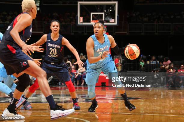 Alex Bentley of the Atlanta Dream drives to the basket against the Washington Mystics on July 11, 2018 at Capital One Arena in Washington, DC. NOTE...
