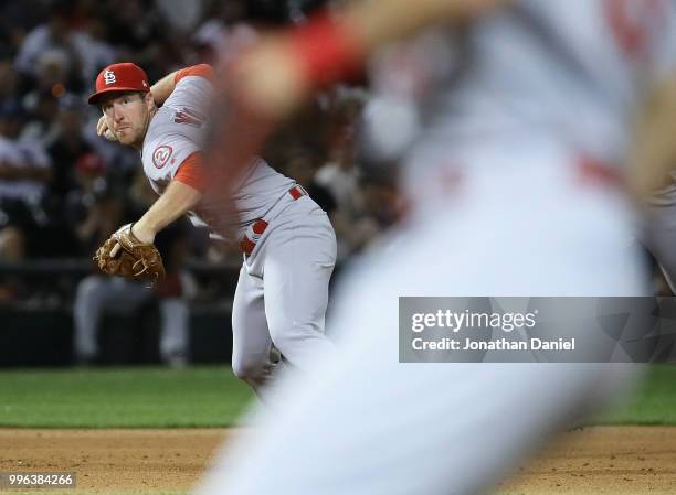 Jedd Gyorko of the St. Louis Cardinals throws to first base against the Chicago White Sox at Guaranteed Rate Field on July 10, 2018 in Chicago,...