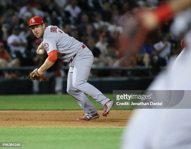 Jedd Gyorko of the St. Louis Cardinals throws to first base against the Chicago White Sox at Guaranteed Rate Field on July 10, 2018 in Chicago,...
