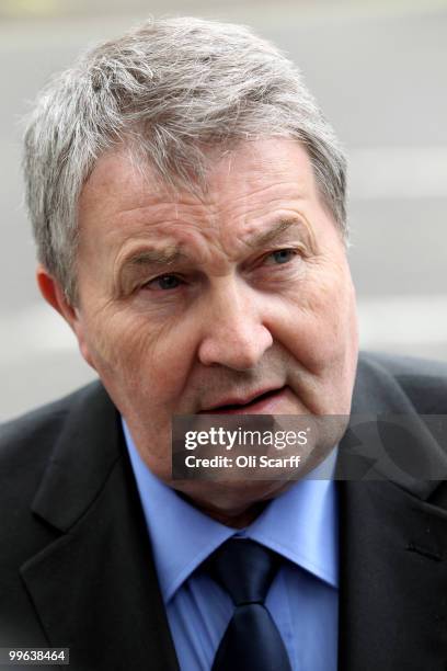 Derek Simpson, the Joint General Secretary of the Unite union, speaks to journalists as he arrives at the Department of Transport to hold talks with...