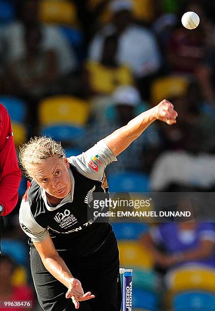 New Zealand bowler Sian Ruck delivers a ball during the Women's ICC World Twenty20 final match between Australia and New Zealand at the Kensington...