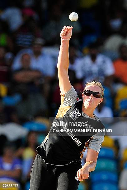 New Zealand captain Aimee Watkins delivers a ball during the Women's ICC World Twenty20 final match between Australia and New Zealand at the...