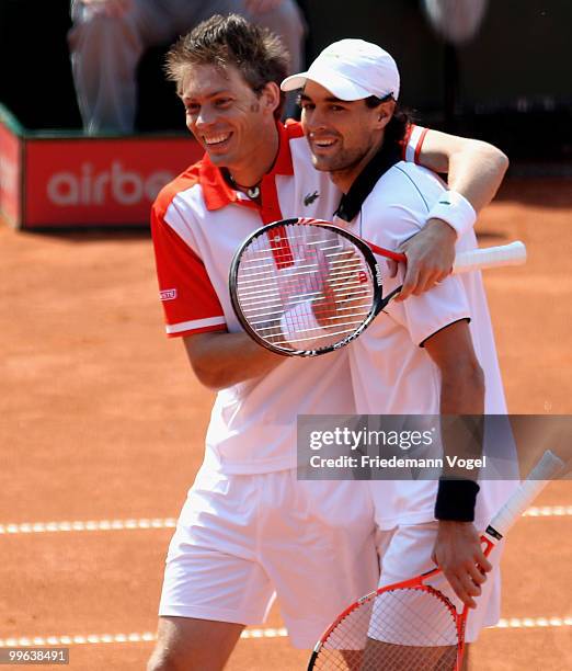 Jeremy Chardy and Nicolas Mahut of France celebrates after winning their double match against Philip Kohlschreiber and Christopher Kas of Germany...