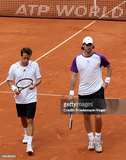 Philip Kohlschreiber and Christopher Kas of Germany looks dejected during their double match against Jeremy Chardy and Nicolas Mahut of France during...
